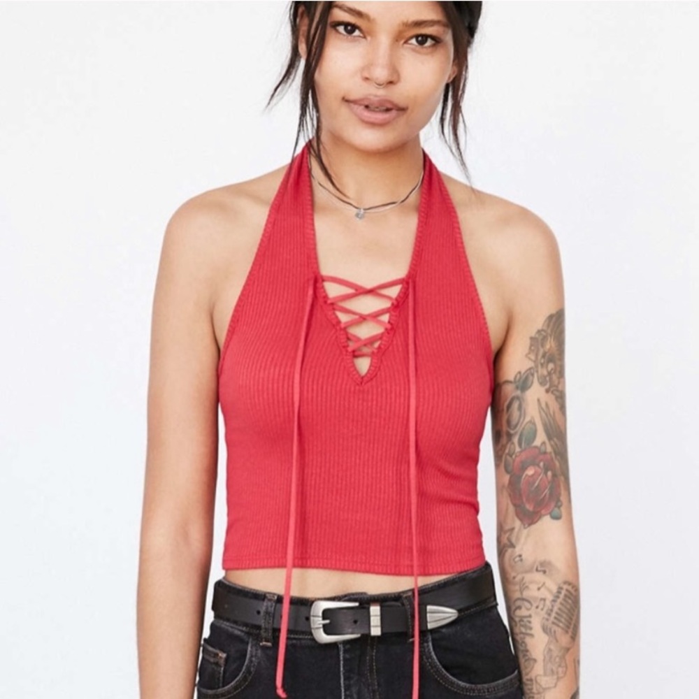 Urban Outfitters Red Ribbed Lace-up Halter
